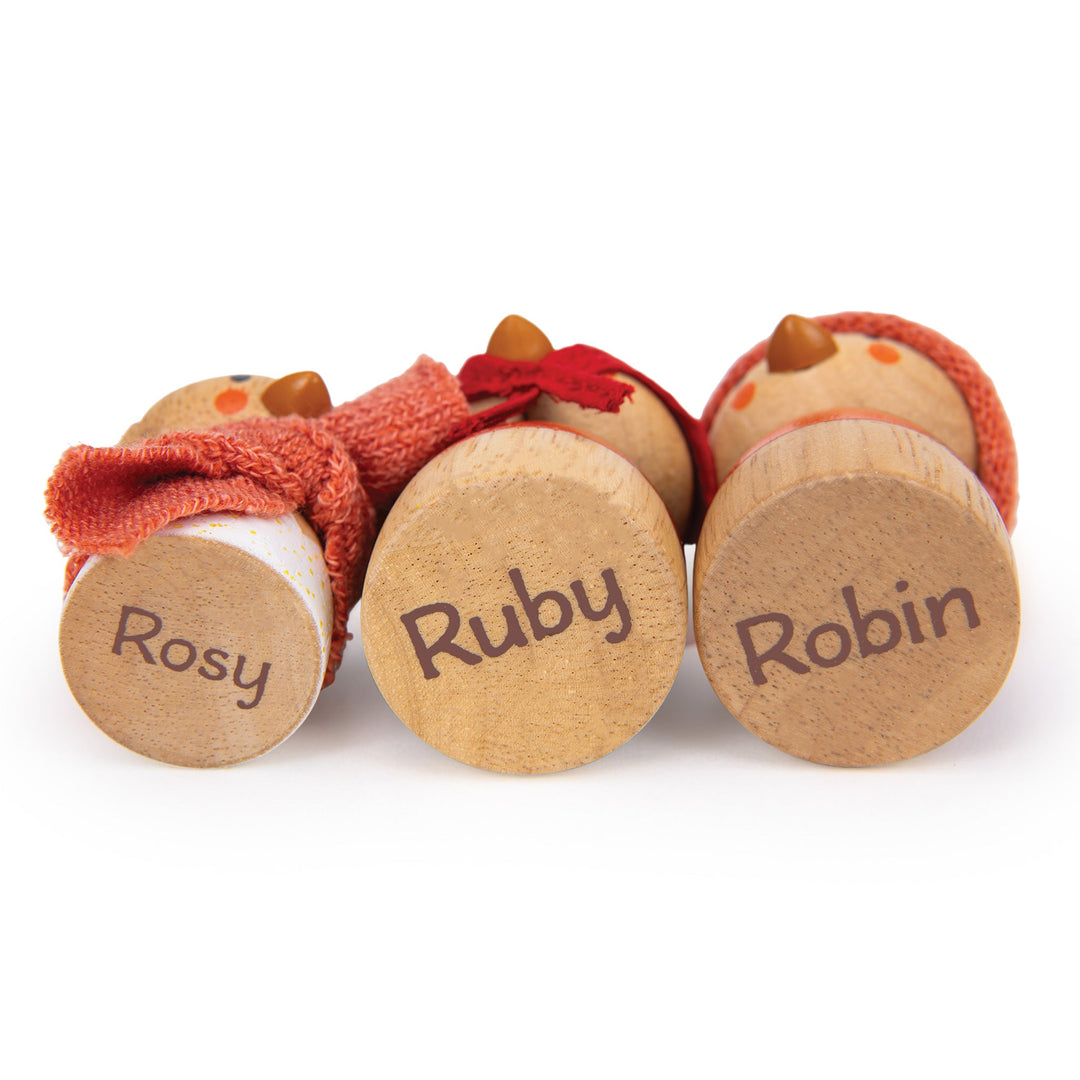 Three wooden bird toys labeled 'Rosy', 'Ruby', and 'Robin' on a white background