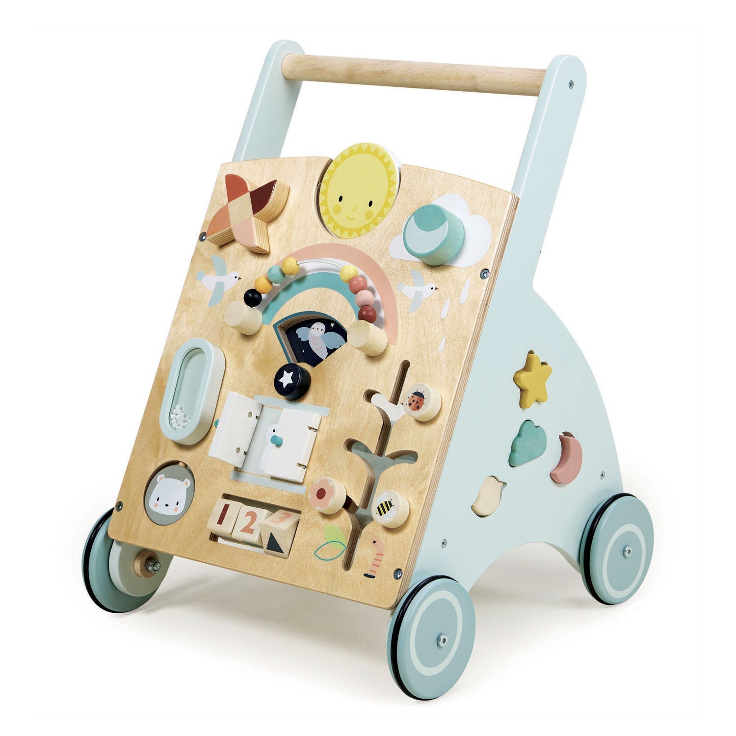 Children's wooden activity walker with colourful shapes and patterns on a white background