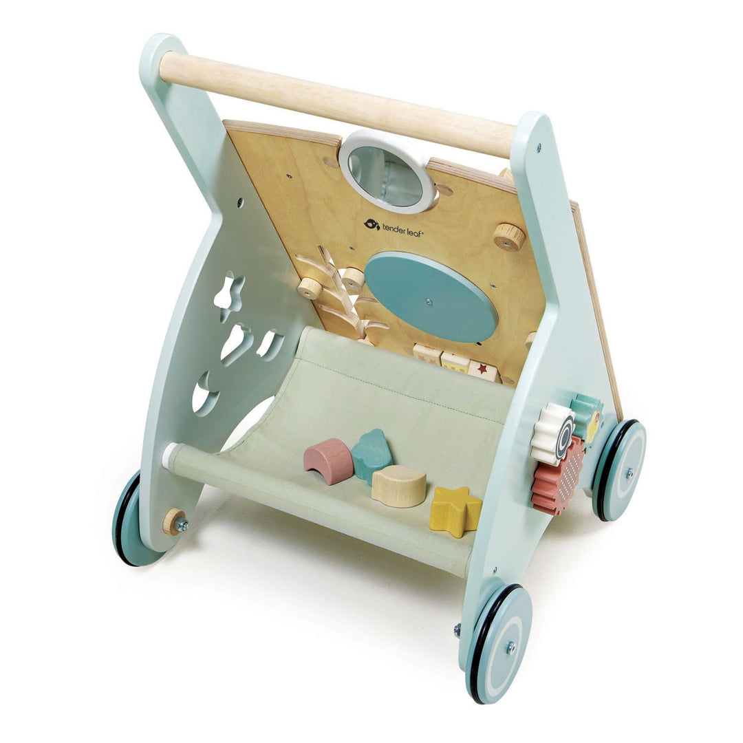 Children's wooden activity cart with wheels on a white background