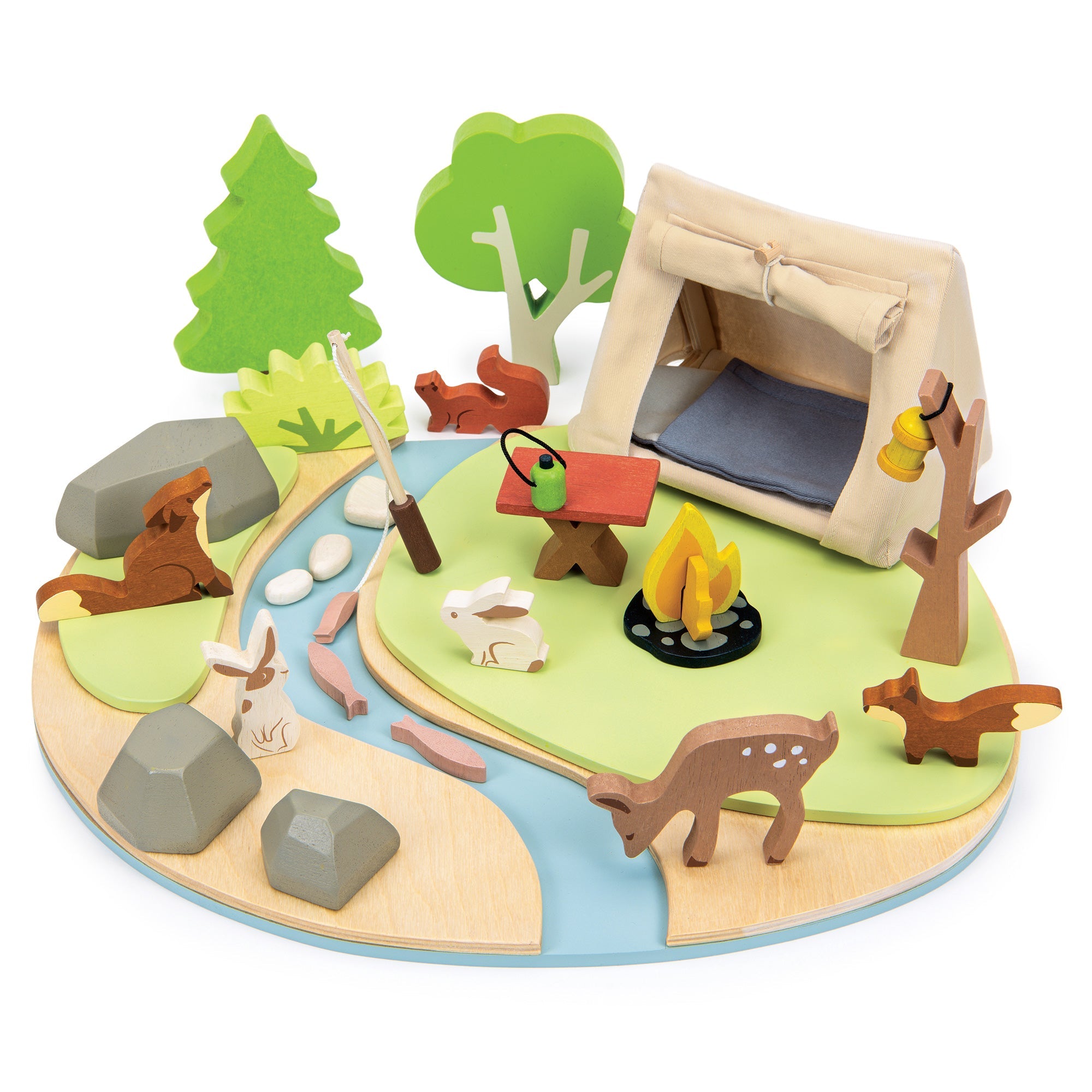 Wooden playset with a campsite, animals, and trees on a white background