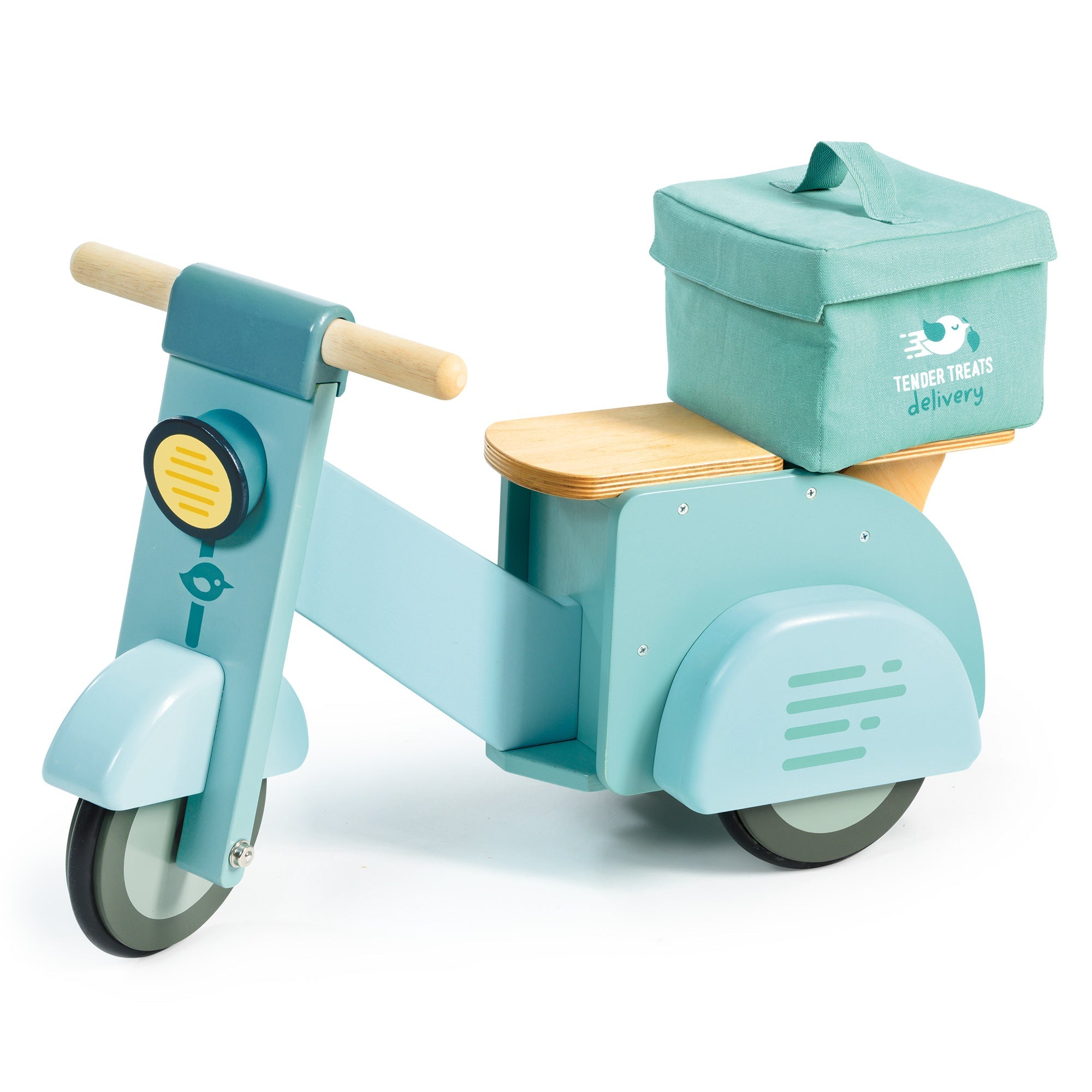 Toy wooden delivery scooter with a fabric box on the back on a white background