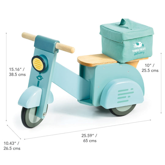 Toy scooter with a delivery box, dimensions indicated, on a white background