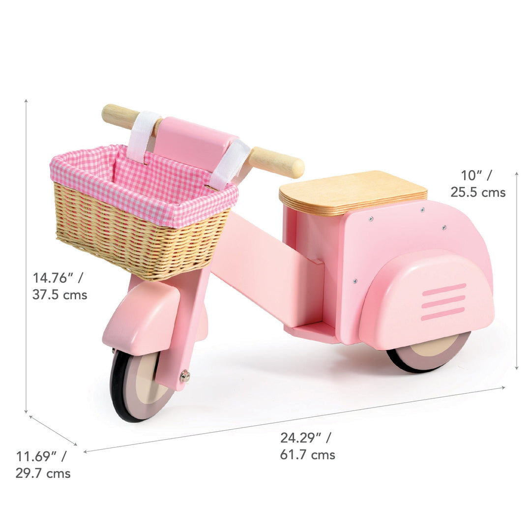 Pink toy scooter with basket and dimensions on a white background