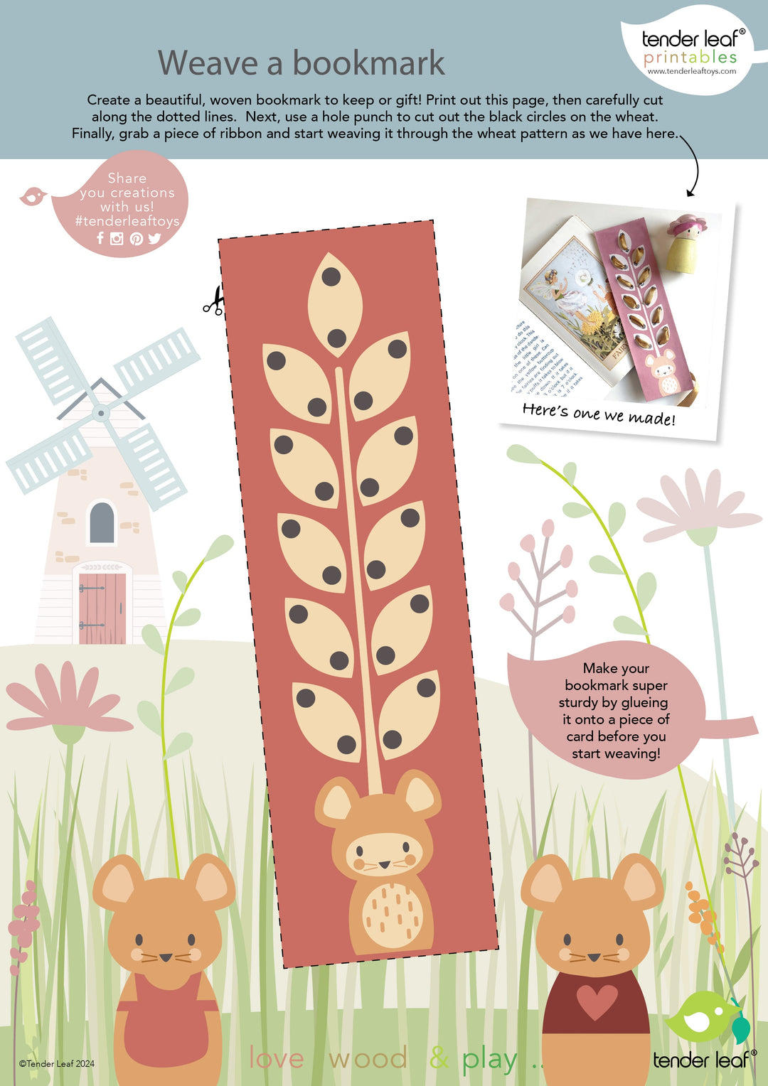 Booklet page with instructions on weaving a bookmark, featuring illustrations of a bear and plants.