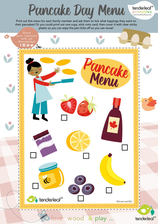 Pancake Day Menu with illustrations of a child, food items, and tenderleaf logo.