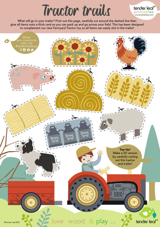 Set of farm-themed stickers with a tractor, farmer, animals, and fields on a pink background.