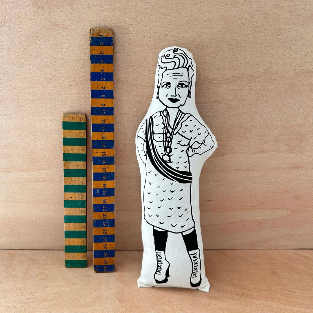 Wooden measuring sticks with screen printed doll of Vivienne Westwood