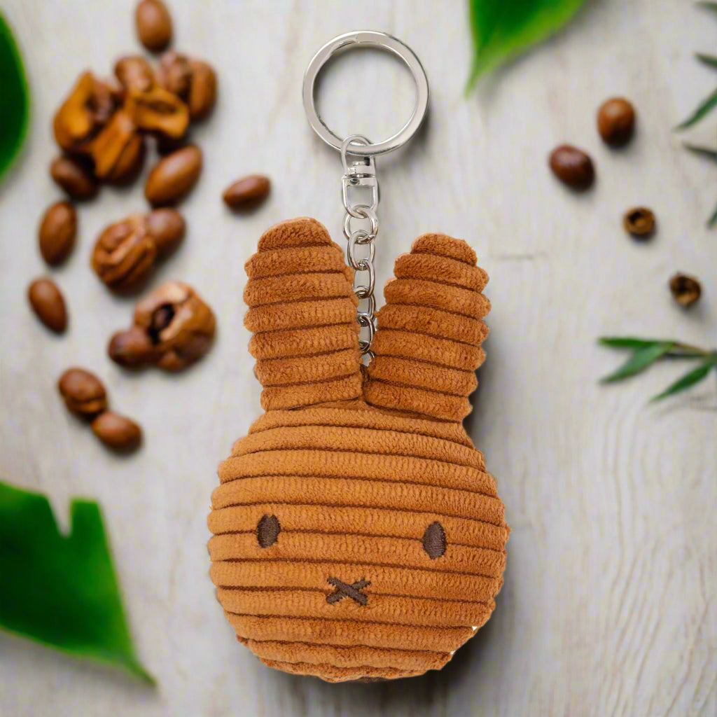 Brown plush Miffy bunny head keyring with ribbed chunky corduroy fabric and iconic cross stitched mouth