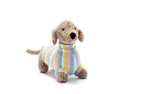 Knitted Plush Toy - Sausage Dog With Pastel Jumper