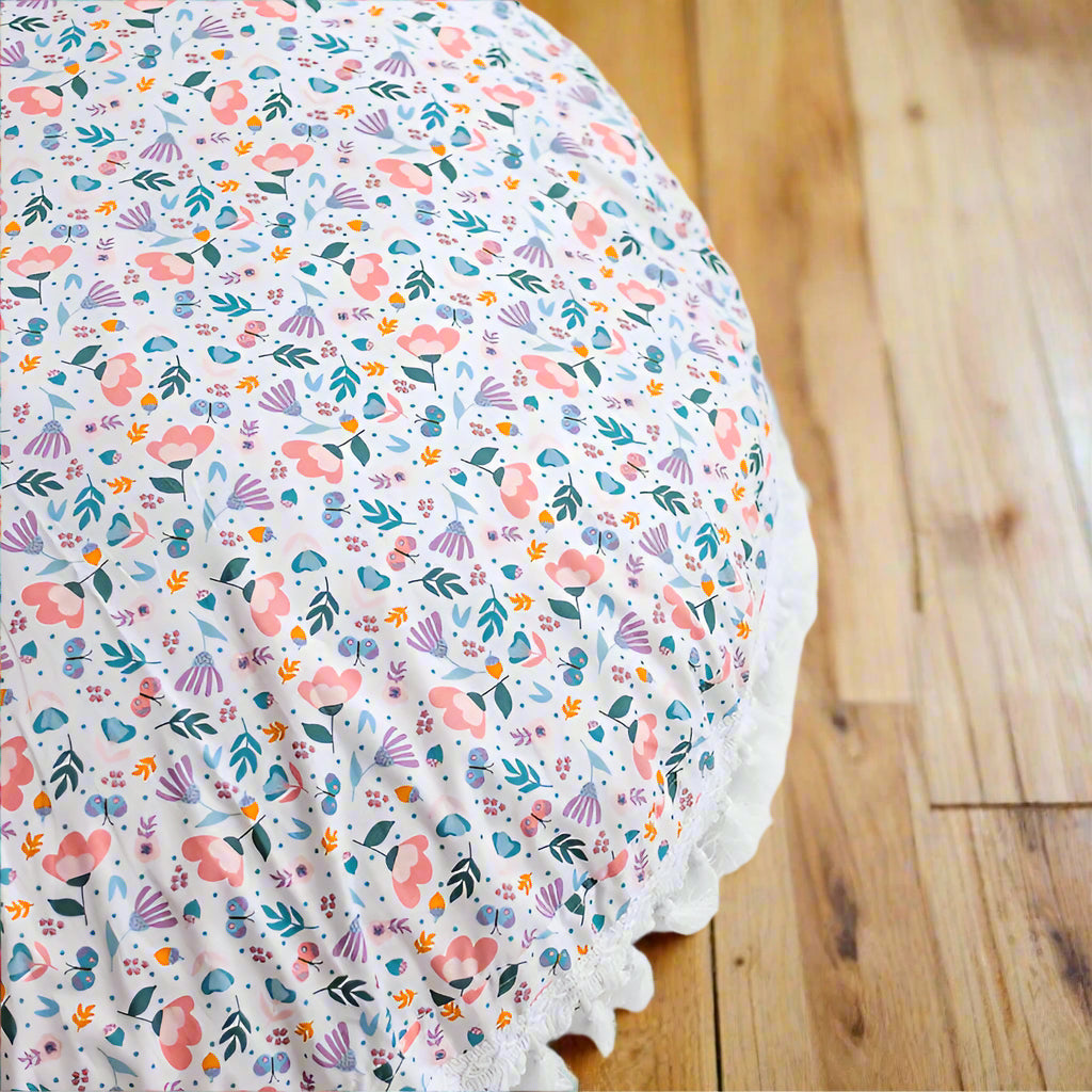 Close up of round floor cushion showing the pattern in detail 