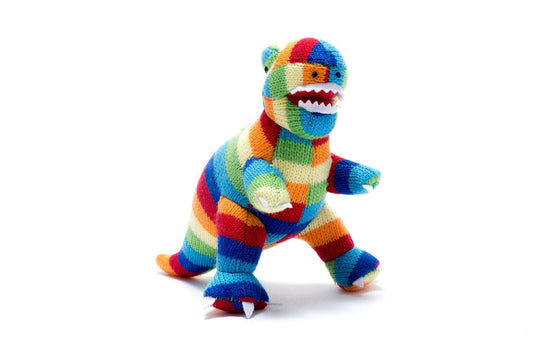 Knitted Baby Rattle - Bold Stripe T-Rex