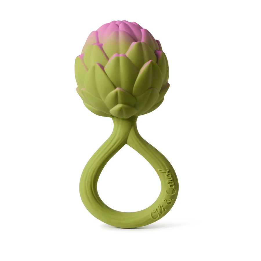 Natural Rubber Rattle and Teether - Artichoke - Moo Like a Monkey