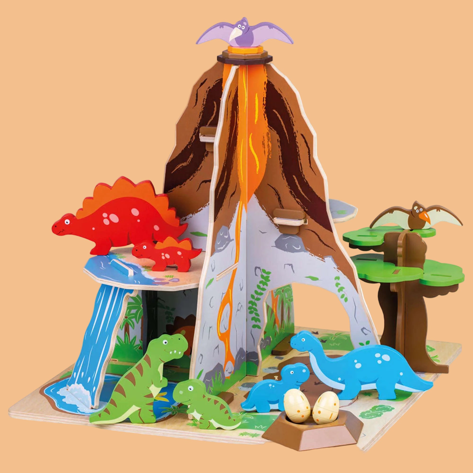 Dinosaur toy set with a volcano centerpiece on a white background
