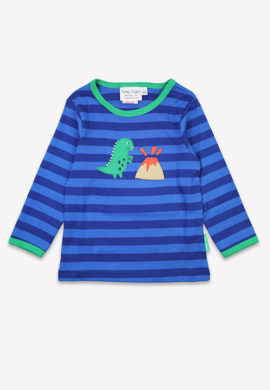 Organic Blue Tonal Dinosaur Applique Long-Sleeved T-Shirt