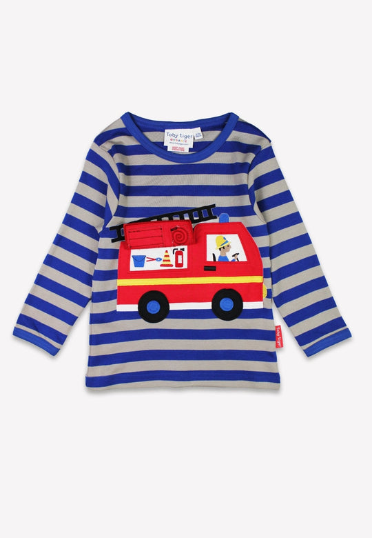 Organic Blue Fire Engine Applique Long-Sleeved T-Shirt