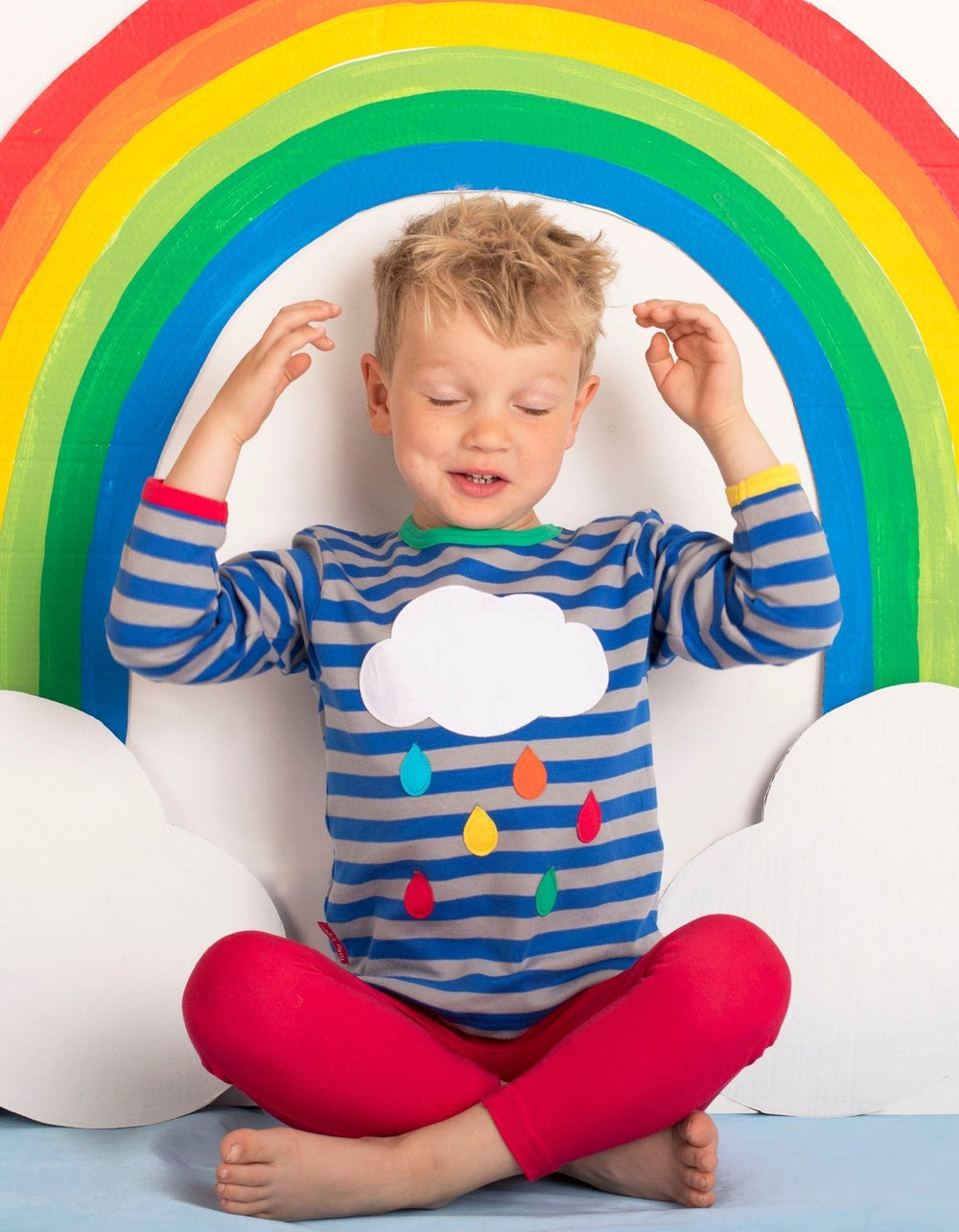 Organic Rainbow Raindrop Cloud Applique Long-Sleeved T-Shirt