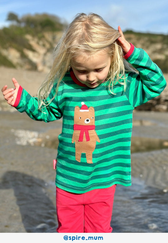 Organic Christmas Bear Applique Long-Sleeved T-Shirt