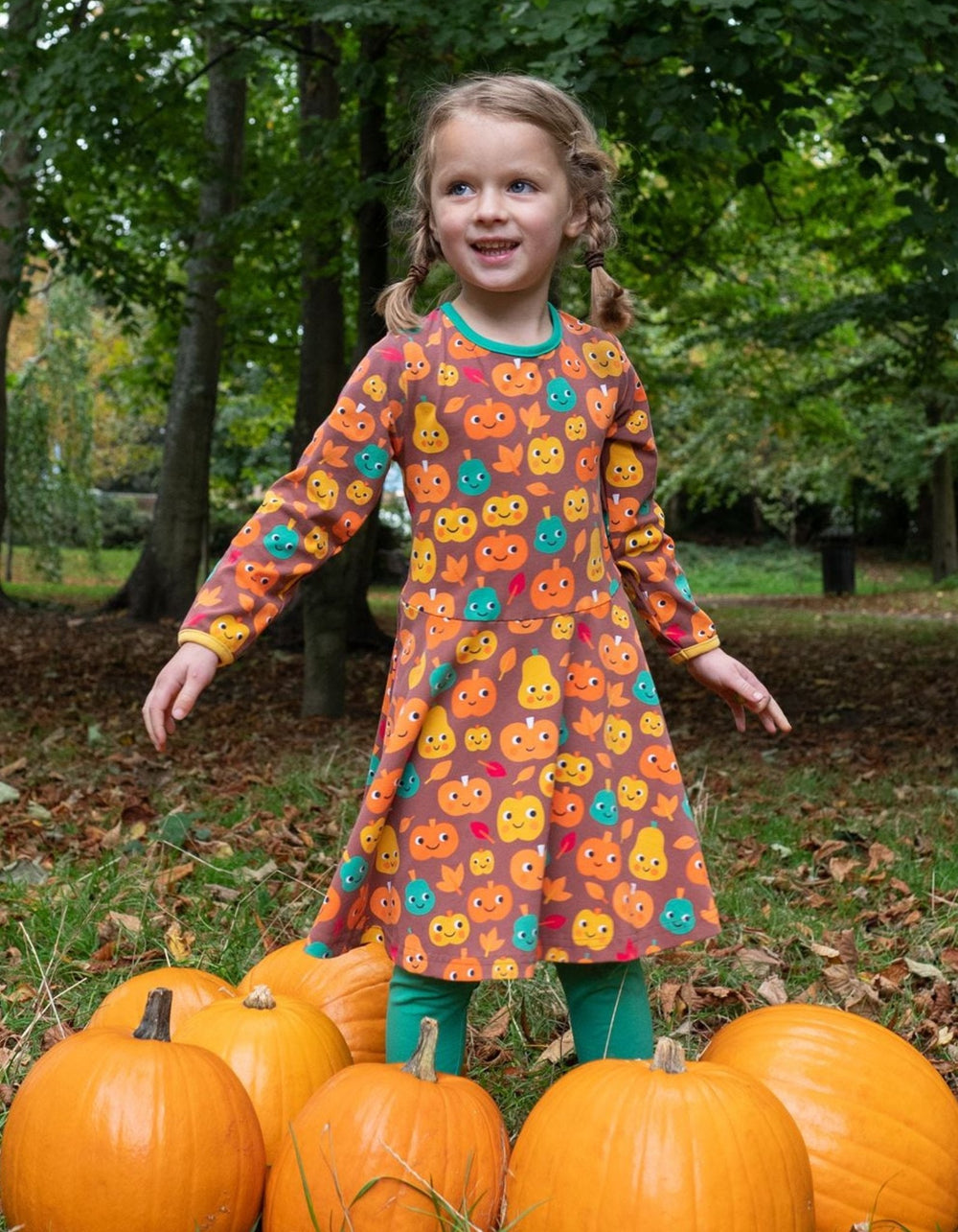 Organic Pumpkin Print Long-Sleeved Skater Dress