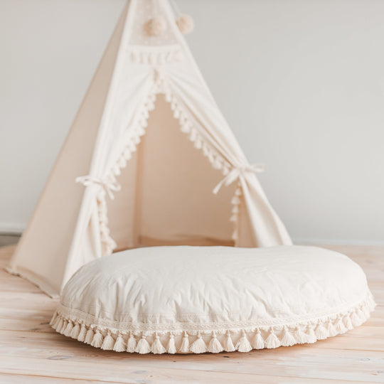 Large Floor Cushion - Cream With Tassels