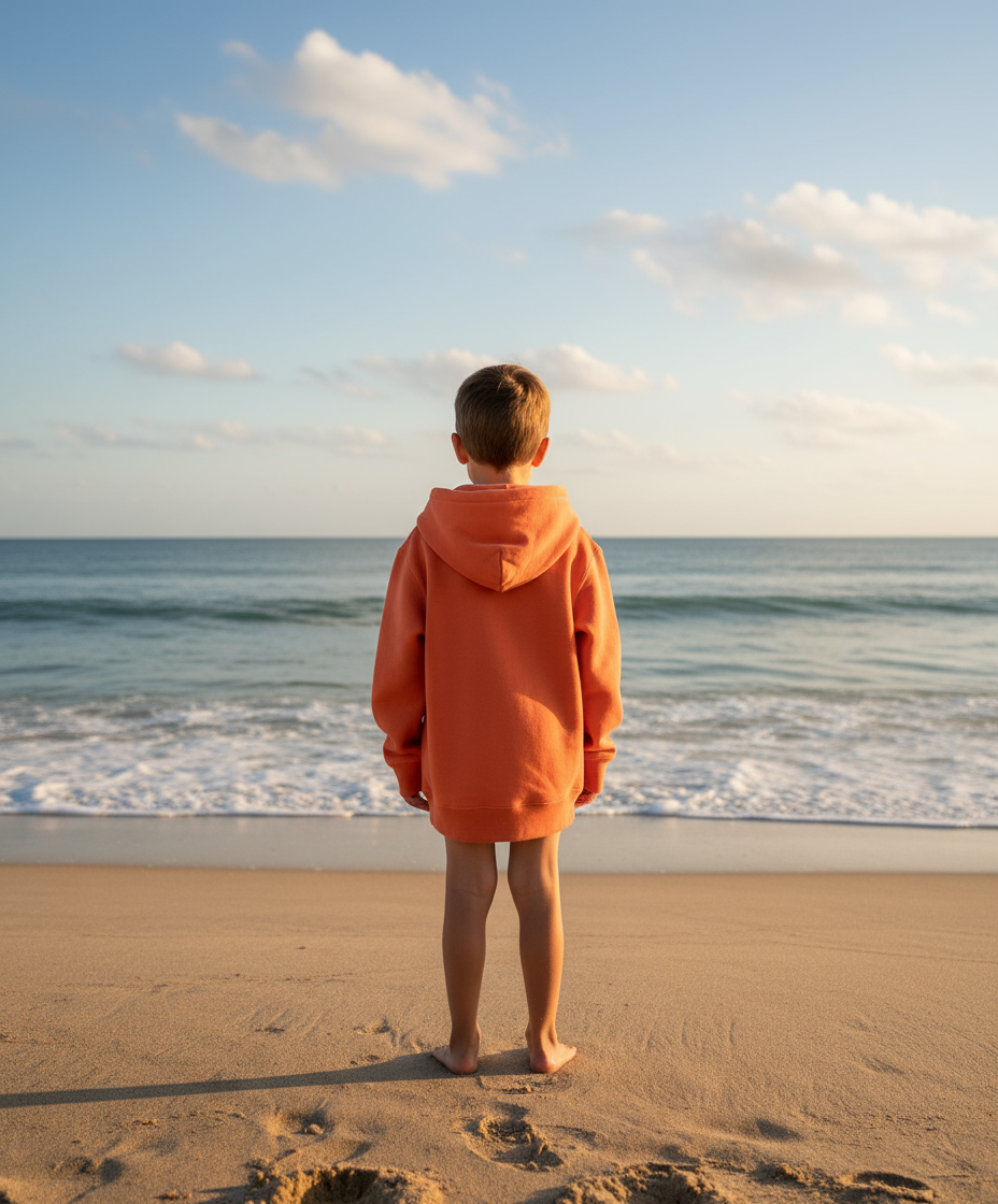Person wearing an orange hoodie standing on a beach looking at the ocean.