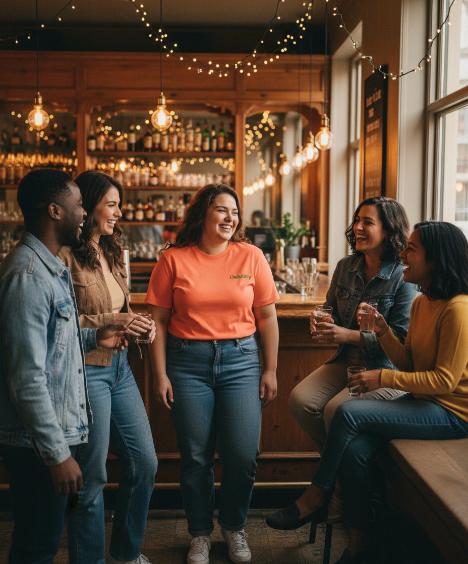 Group of people socializing in a cozy bar setting