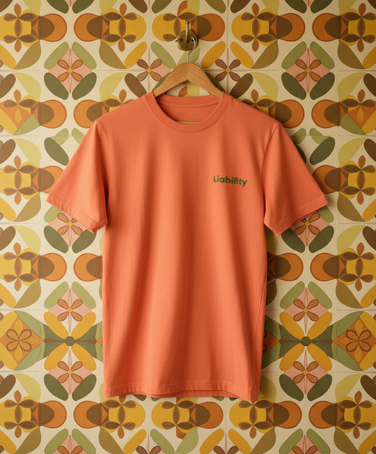 Orange t-shirt with 'Liability' text on a hanger against a patterned wall.