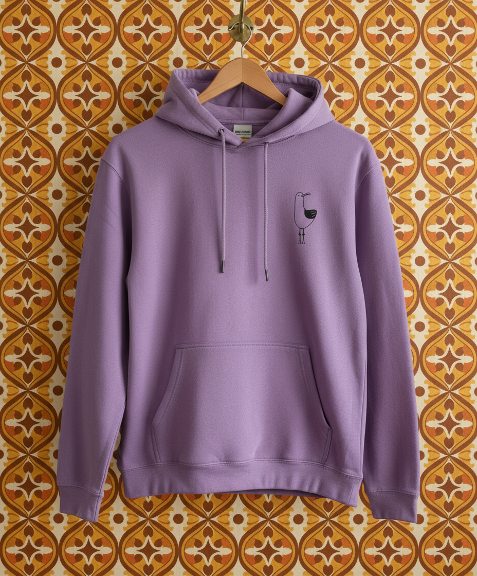 Purple hoodie with a small logo on a hanger against a white background