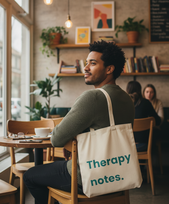Man sitting in a cafe with a tote bag labeled 'Therapy notes'.