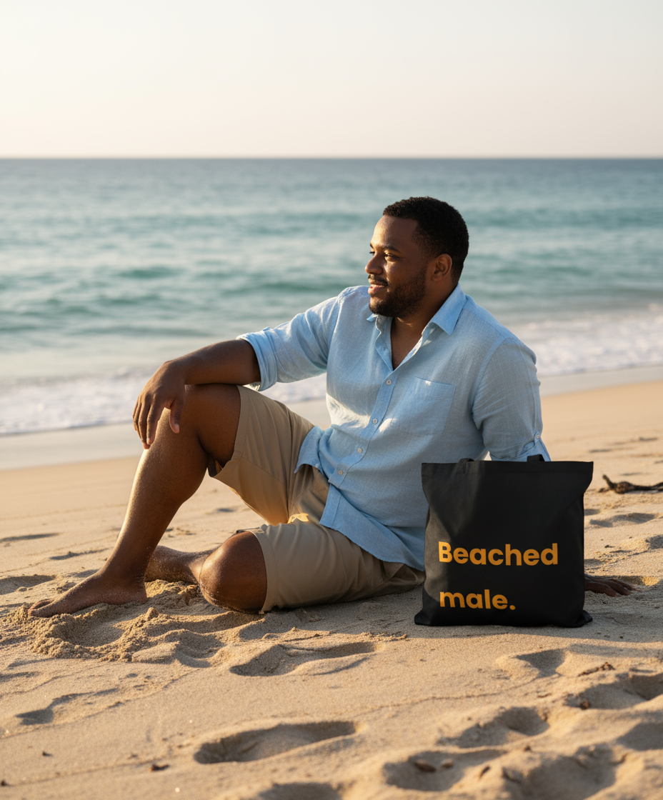Man sitting on the beach with a bag labeled 'Beached male'.