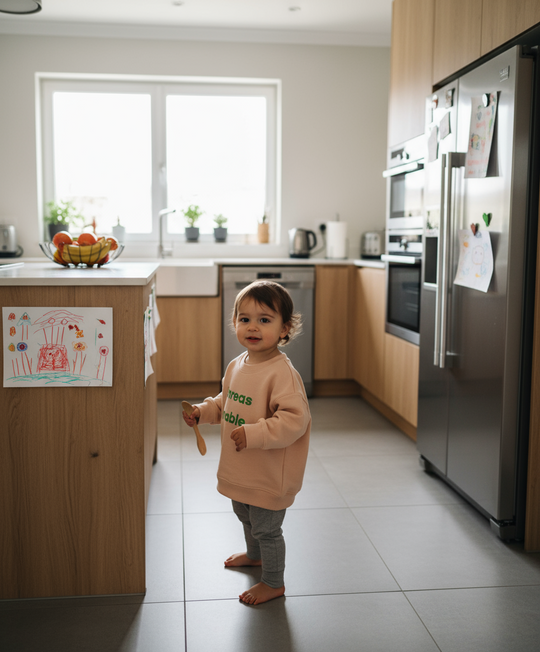 Child standing in a modern kitchen with stainless steel appliances and wooden cabinets.