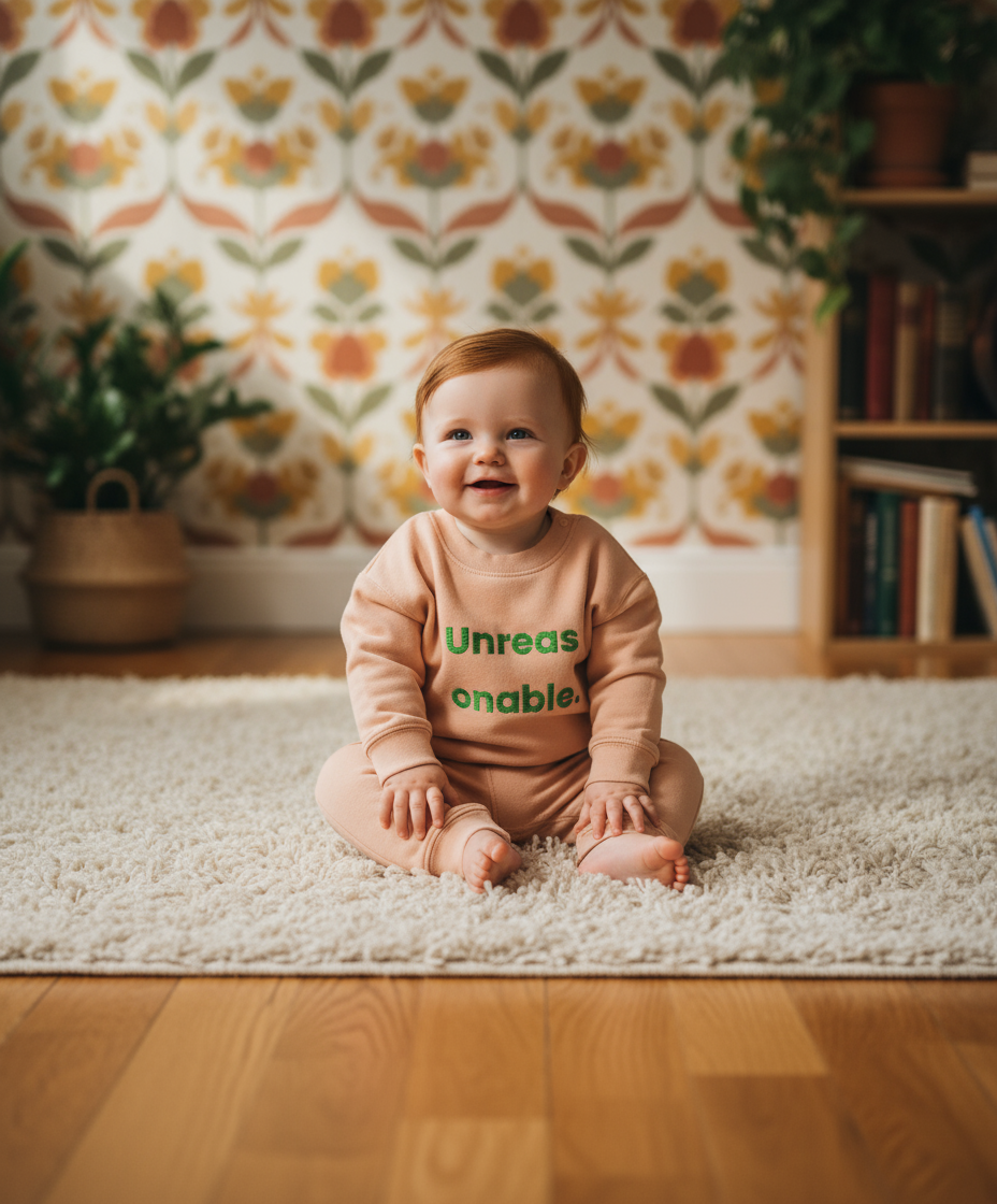 Baby sitting on a rug wearing a pink sweatshirt with text, floral wallpaper in the background