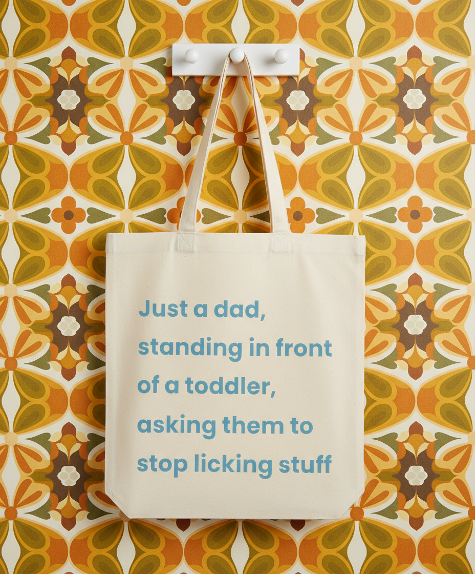 Beige tote bag with humorous text on a patterned wall background
