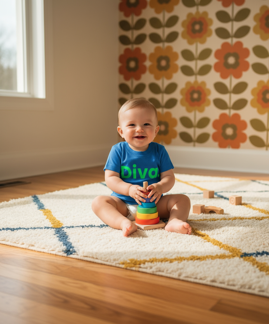 Child playing with colorful stacking toys on a patterned rug.