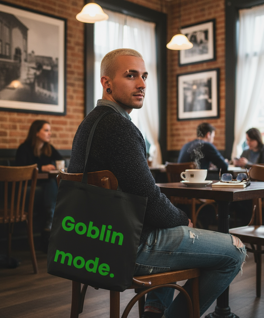 Man sitting in a cafe with a bag labeled 'Goblin mode' on a chair.