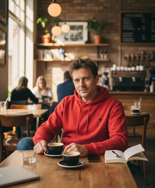 Man in a red hoodie sitting at a table with coffee and a book in a cozy cafe.