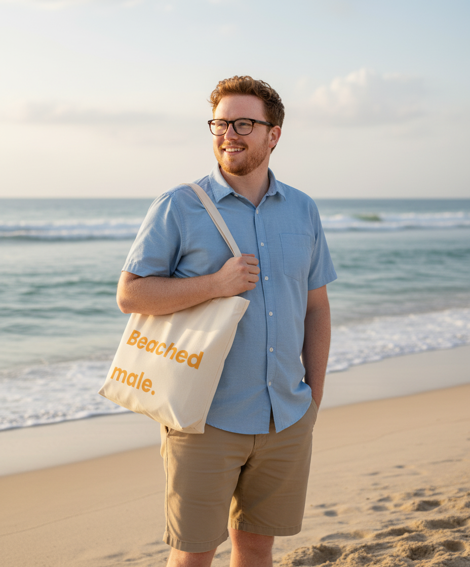 Man holding a tote bag with 'Beached male' text on a beach