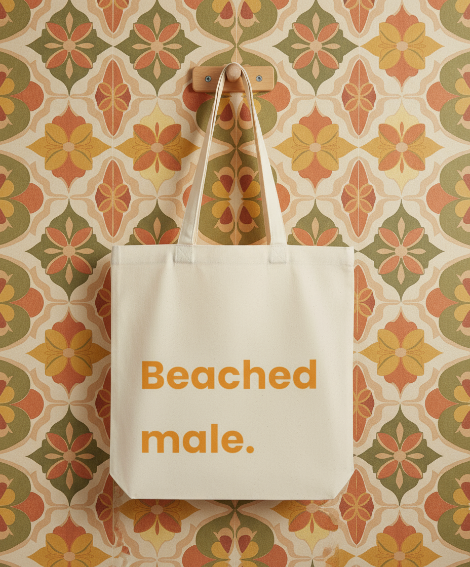 Beached male beige tote bag on a floral-patterned wall