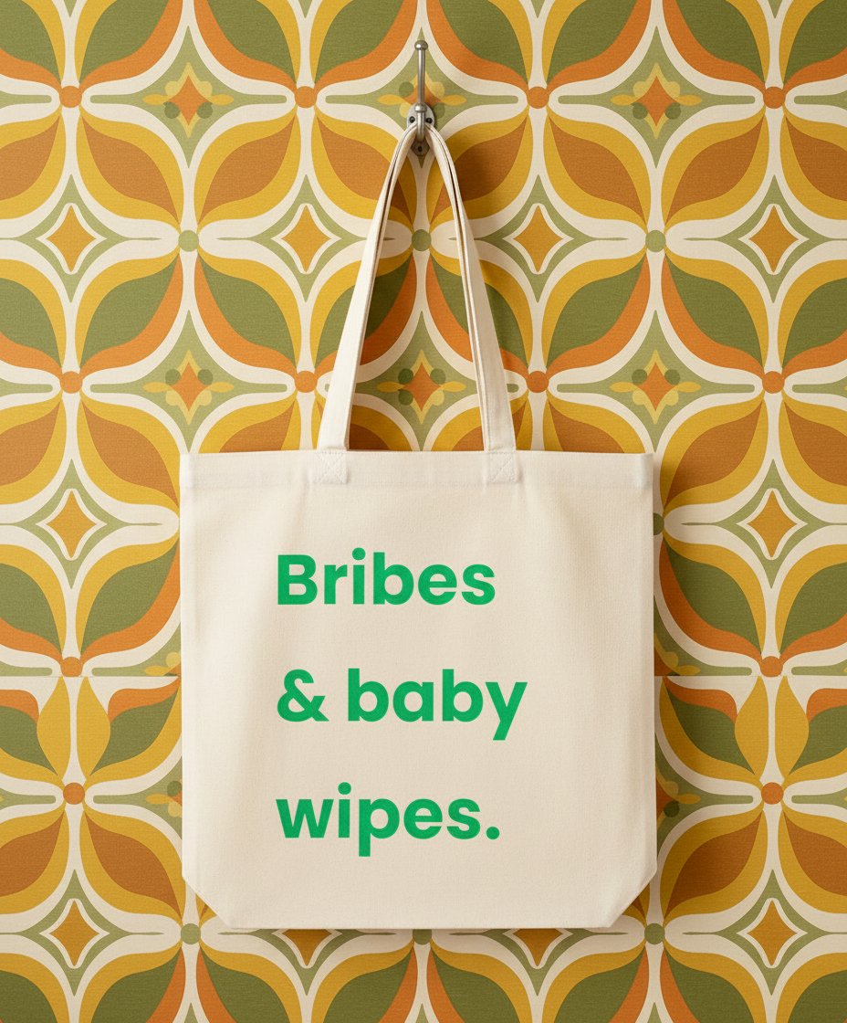Tote bag with 'Bribes & baby wipes.' text against a patterned wall.