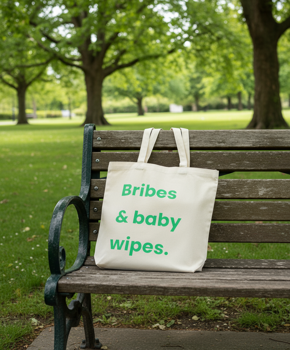 Tote bag with 'Bribes & baby wipes.' text on a park bench