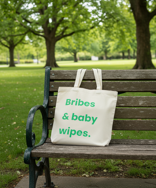 Tote bag with 'Bribes & baby wipes.' text on a park bench
