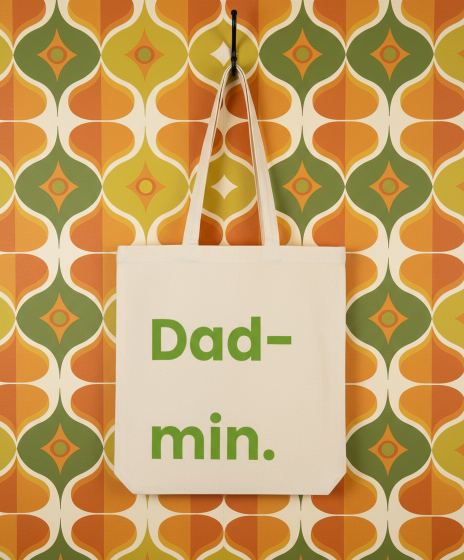 Tote bag with 'Dad-min.' text on a patterned wall background