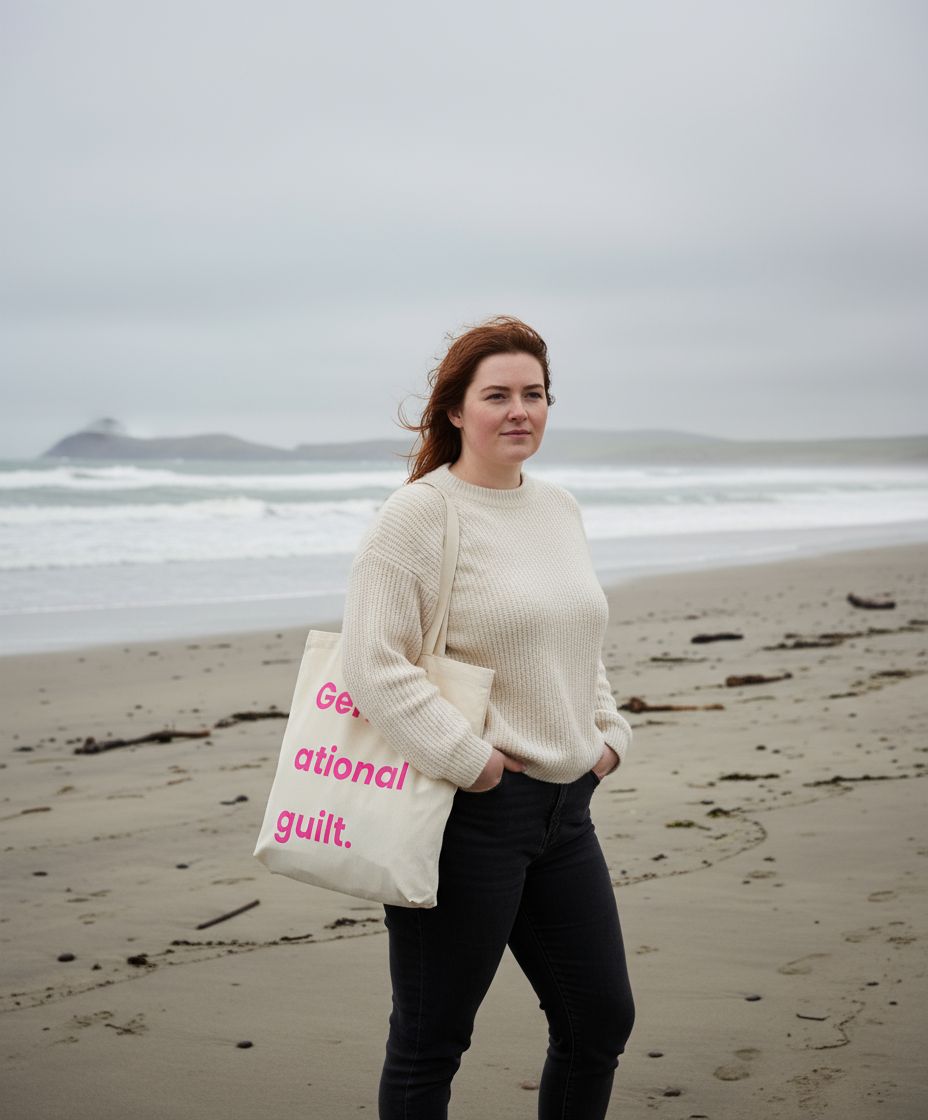 Woman holding a tote bag with text on a beach