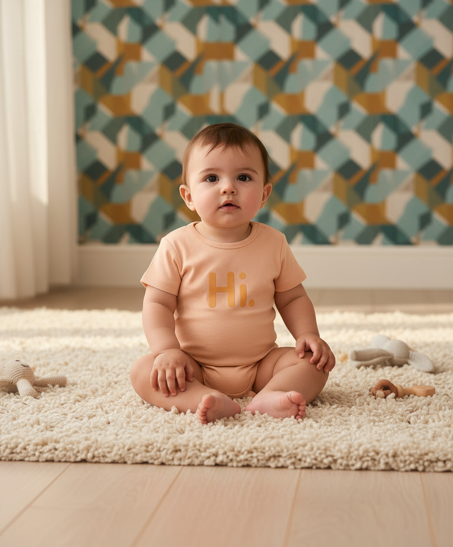 Baby sitting on a rug wearing a 'Hi.' bodysuit in front of a patterned wall.