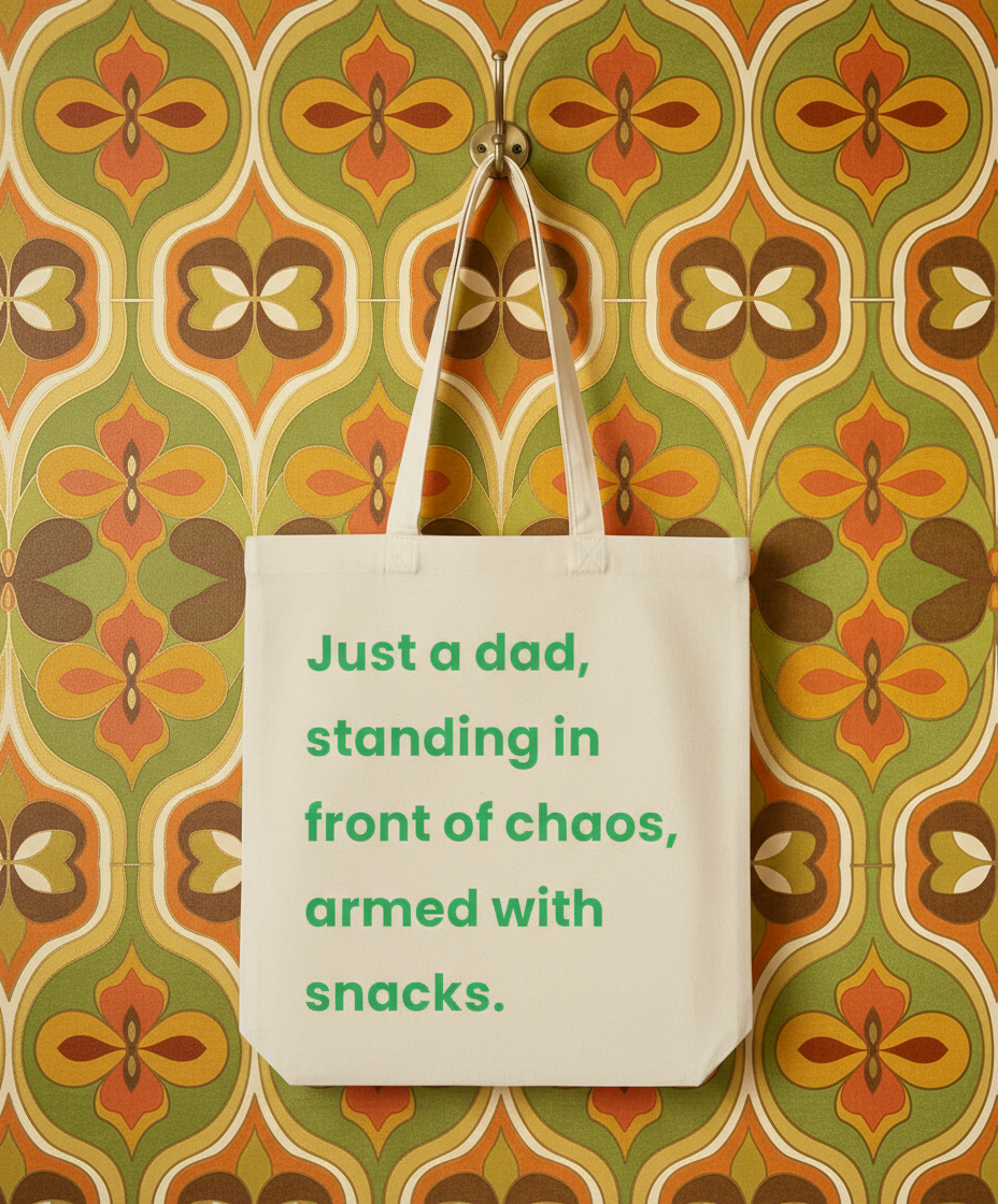 Tote bag with humorous text on a patterned wall background