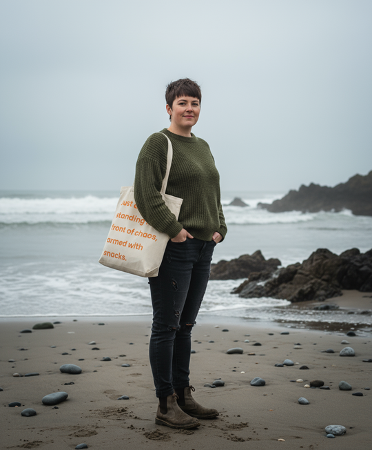 Organic Super Strong Tote - Just A Mum, Standing In Front Of Chaos, Armed With Snacks