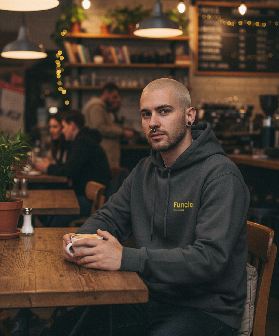 Man sitting at a table in a cozy cafe wearing a hoodie with 'Funcle' branding.
