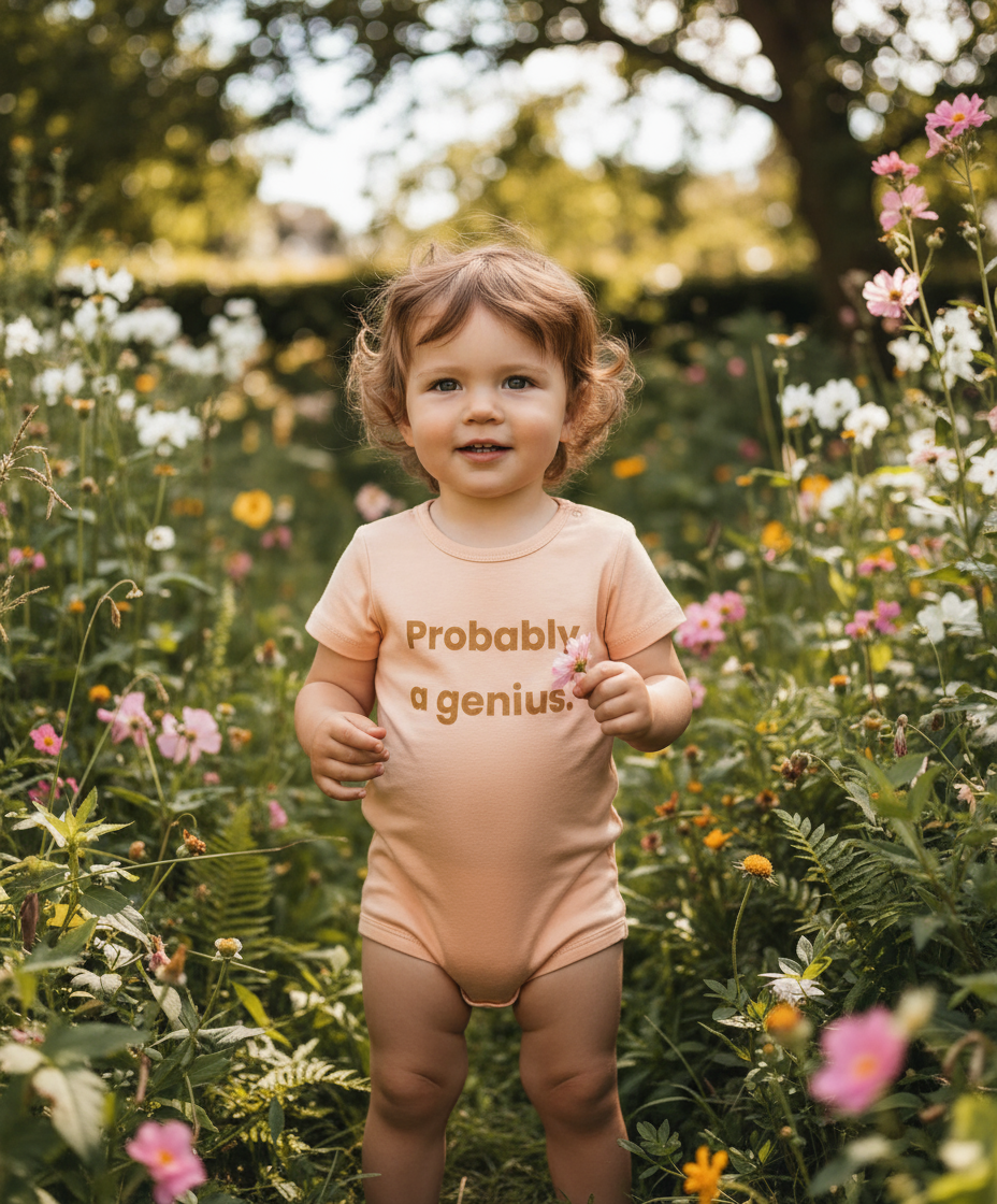 Child wearing a 'Probably a genius' onesie in a garden