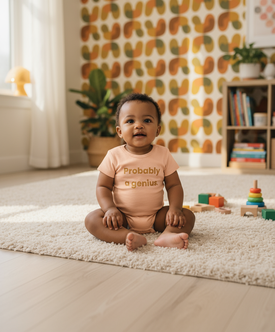 Baby sitting on a rug in a room with colorful wall pattern and toys.