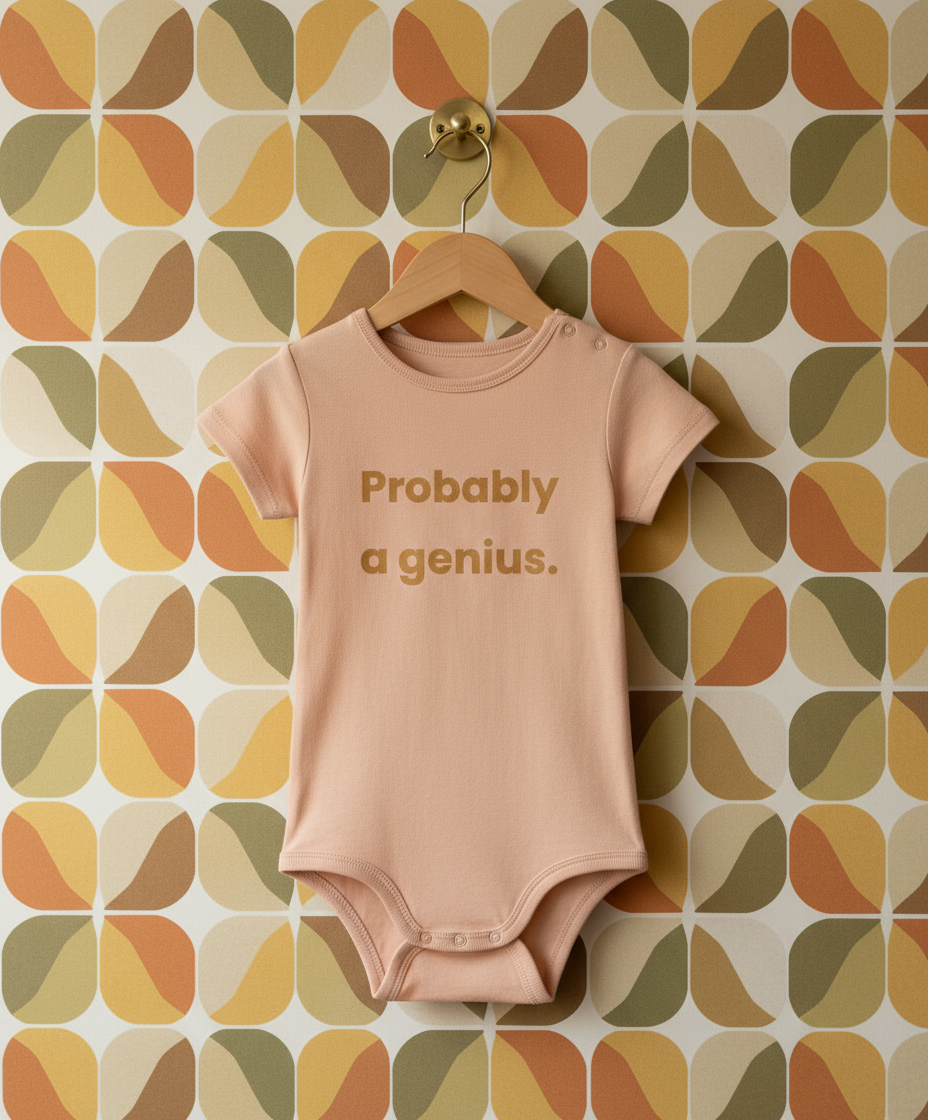 Pink baby onesie with 'Probably a genius' text on a hanger against a patterned wall.