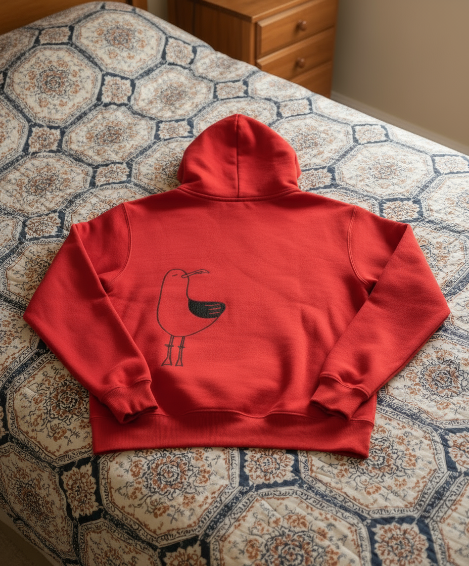 Red hoodie with a black design on a patterned bedspread